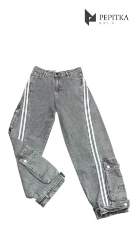 Spodnie dżinsowe szare z białymi lampasami #124