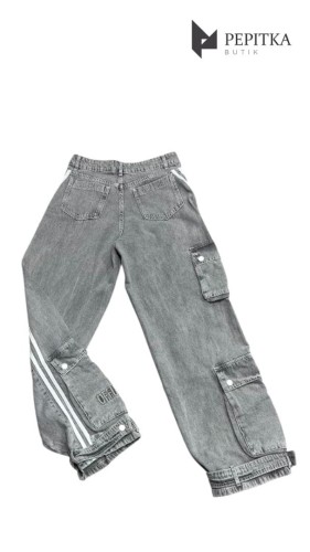 Spodnie dżinsowe szare z białymi lampasami #124