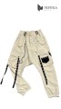spodnie beżowe z obniżonym krokiem z czarną kieszenią i paskami przód