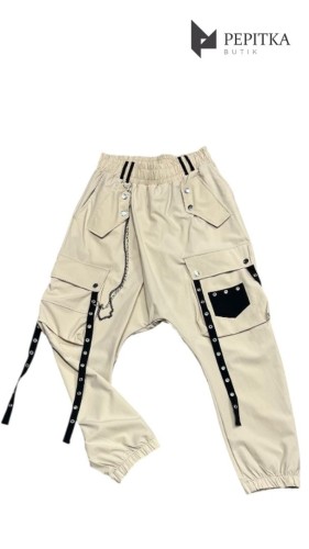 Spodnie beżowe z obniżonym krokiem z czarną kieszenią i paskami #126